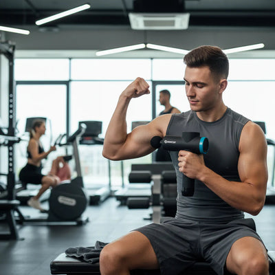 Man in a gym using a massage gun, surrounded by fitness equipment.
